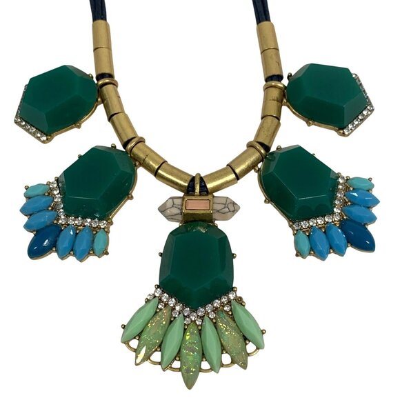 J.Crew Statement Bib Necklace Clear Rhinestone Green/Blue Lucite Crystal Choker - Picture 2 of 9